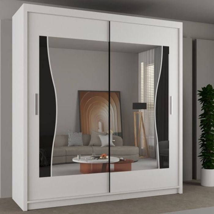 White HEFFNER 2-door sliding wardrobe with curved mirror design.