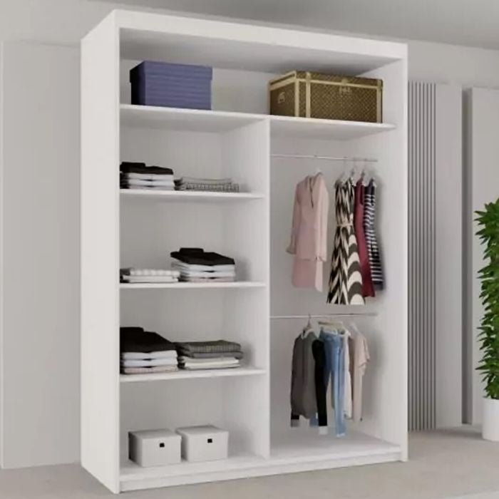 White 2-door sliding wardrobe with shelves on the left and hanging rails on the right.
