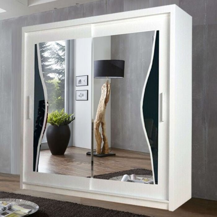 CHOICEWARDROBE HEFFNER white 2-door sliding wardrobe with curved mirror design.