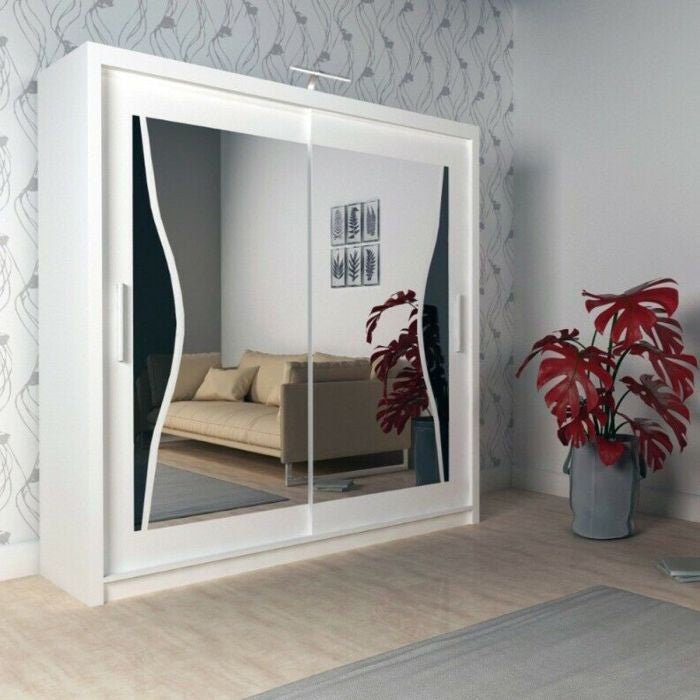 CHOICEWARDROBE HEFFNER 120cm white sliding door wardrobe with curved mirror detail.