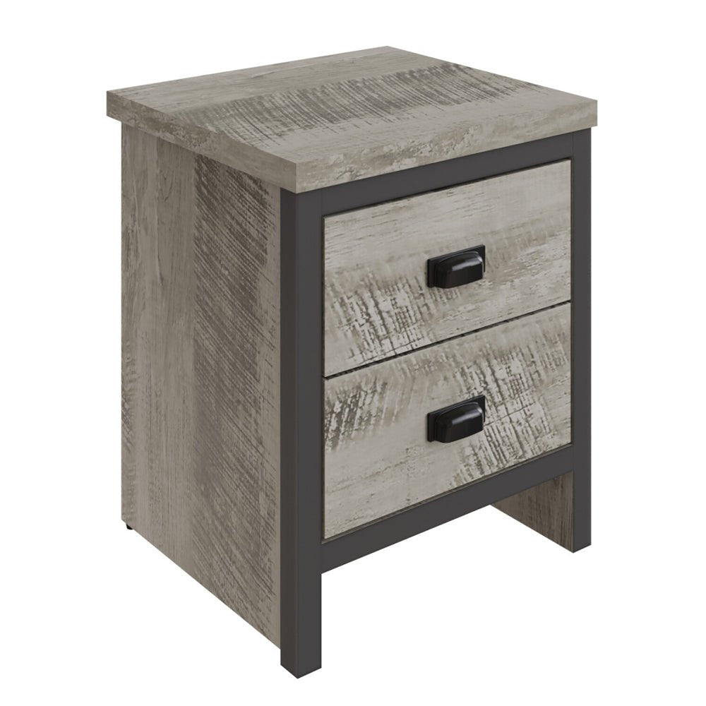 Balcombe grey wooden bedside cabinet with two drawers and distressed wood effect finish.