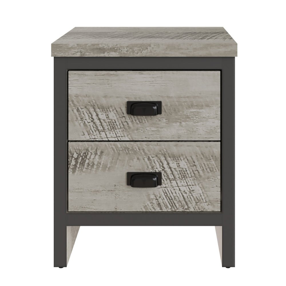 Balcombe grey wooden bedside cabinet with 2 drawers, black handles and dark grey frame.