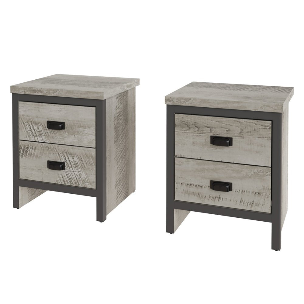 Balcombe grey wooden bedside cabinets pair with two drawers each and black handles