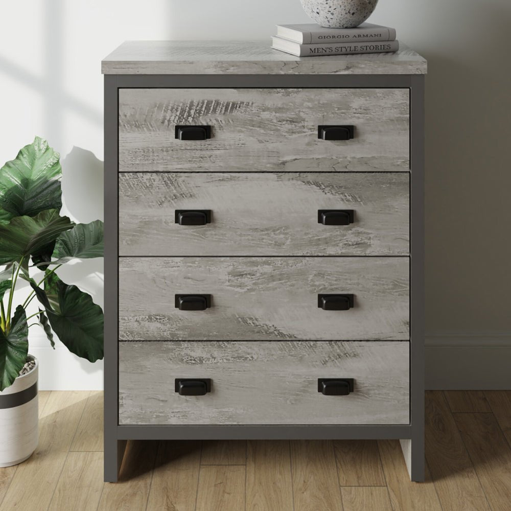 BALCOMBE grey 4-drawer chest with weathered wood finish and black handles