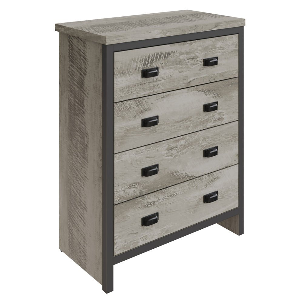 Grey wooden chest of 4 drawers with black handles, industrial-inspired weathered finish.