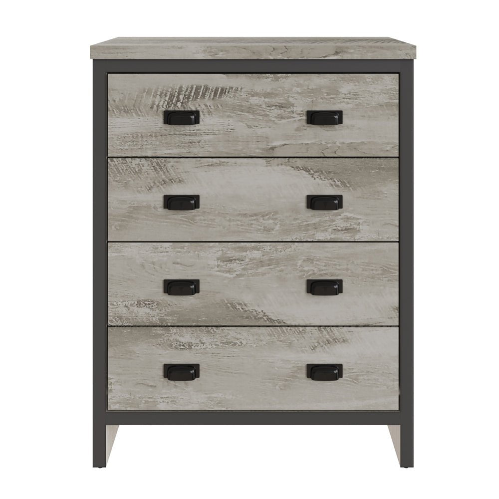 Grey 4-drawer chest of drawers with weathered finish and black metal frame.