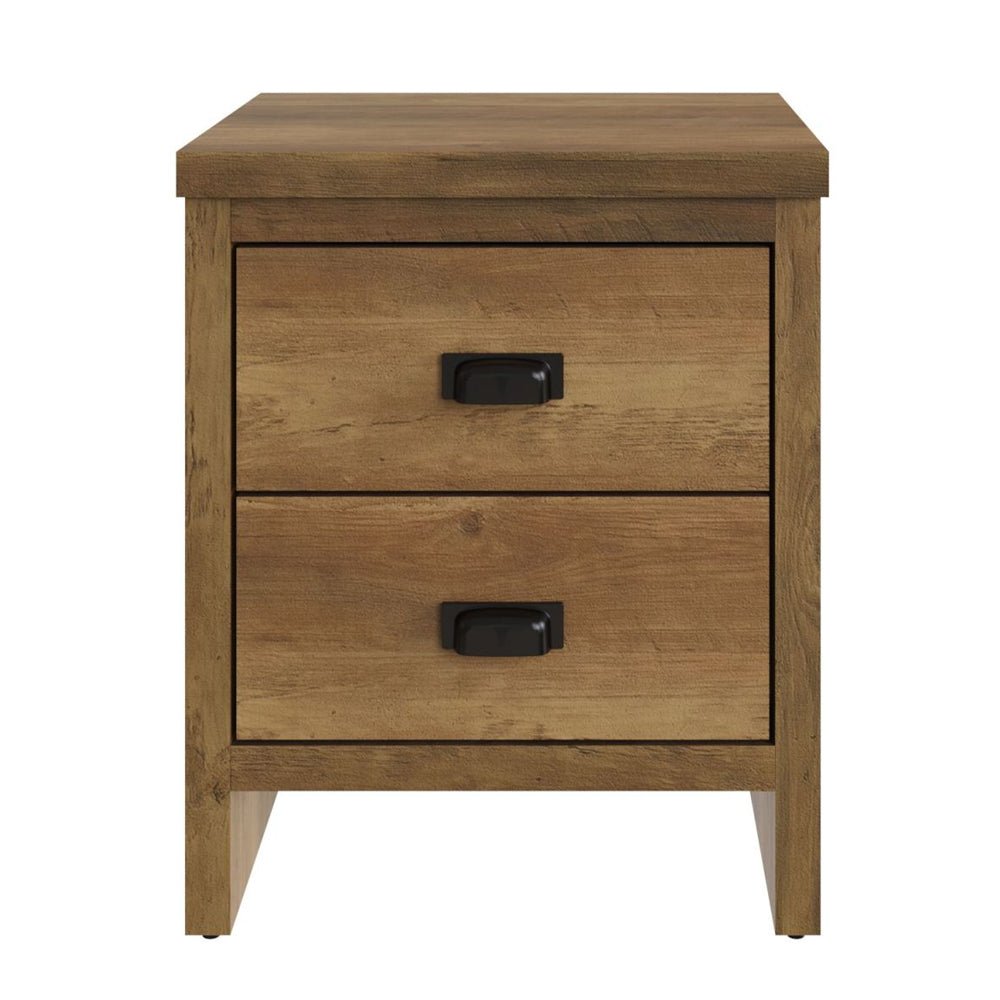 Balcombe Knotty Oak wooden bedside cabinet with 2 drawers and black metal handles.