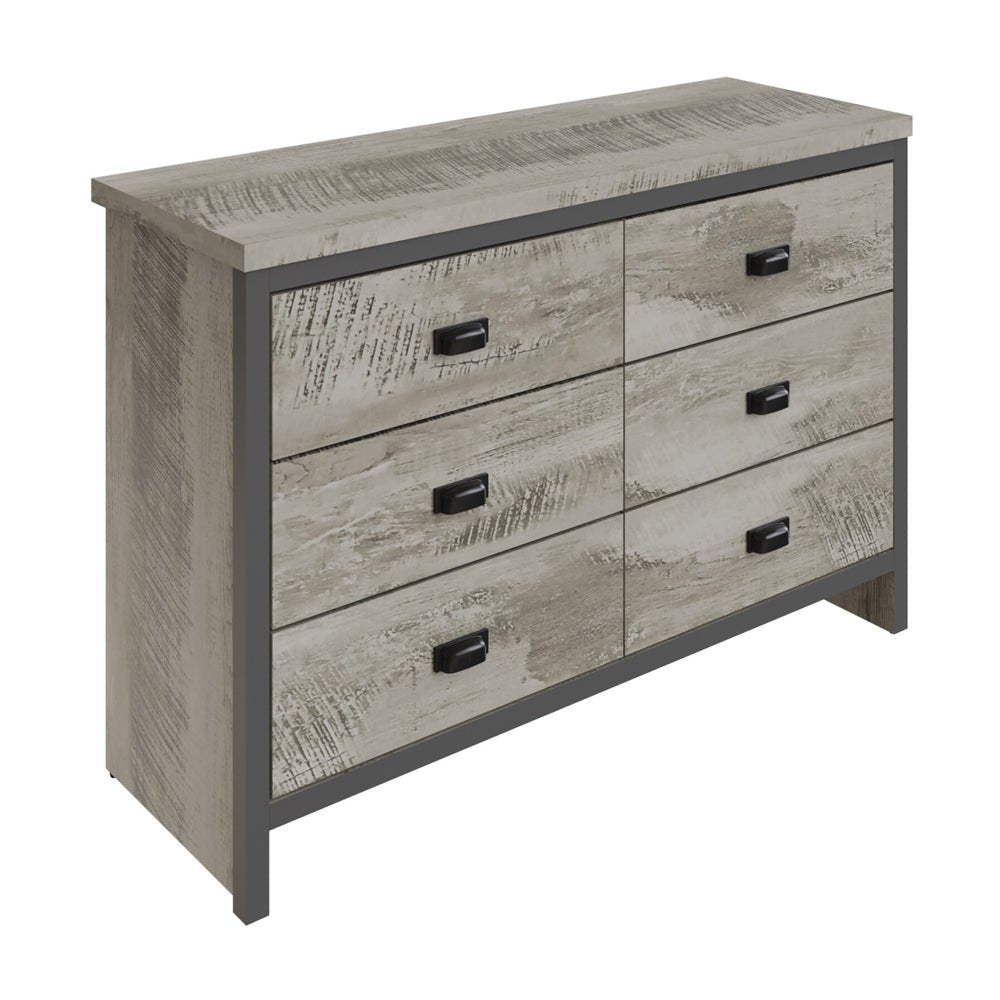 Grey weathered wood 6-drawer chest with black metal handles