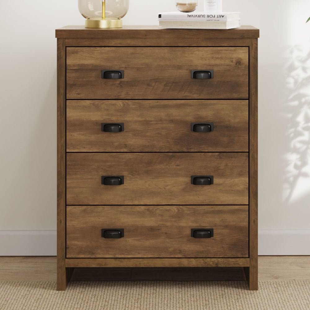 BALCOMBE 4 Drawer Chest in Knotty Oak with black metal handles