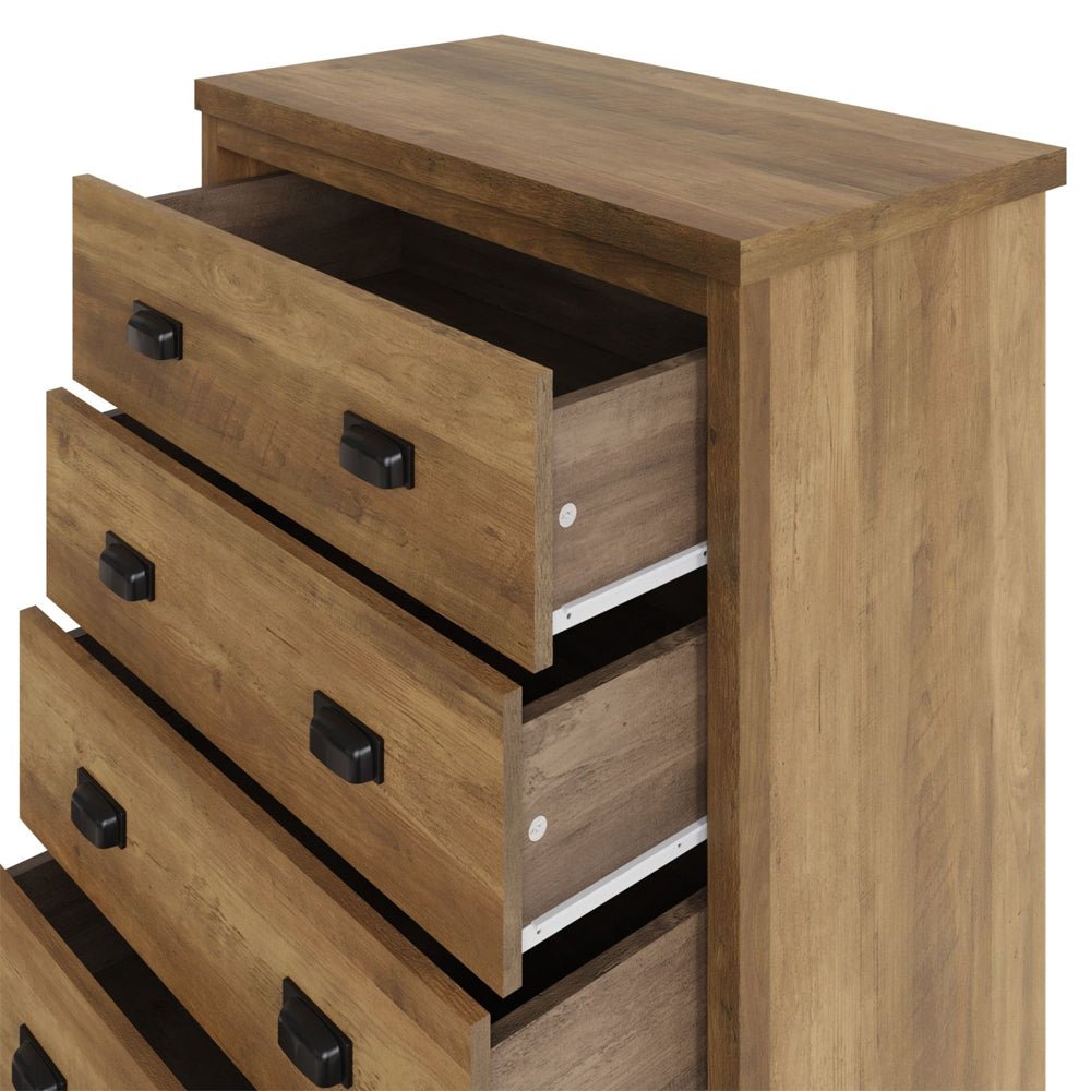 BALCOMBE 4 drawer chest of drawers in knotty oak with black handles, three drawers open.
