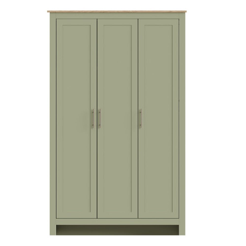 Sage green three-door wardrobe with oak-effect top.
