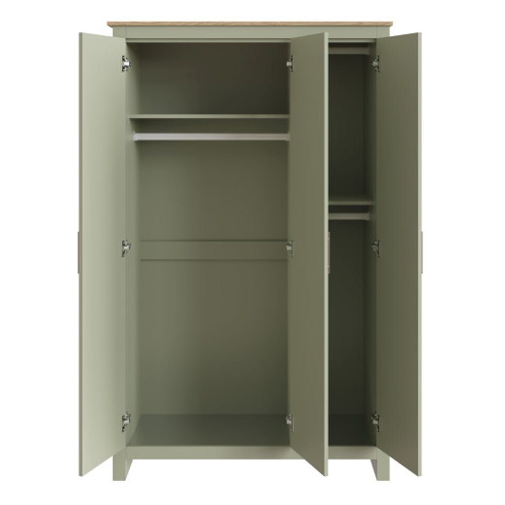 Sage green three-door wardrobe with oak-effect top, open doors showing shelves and hanging rail.