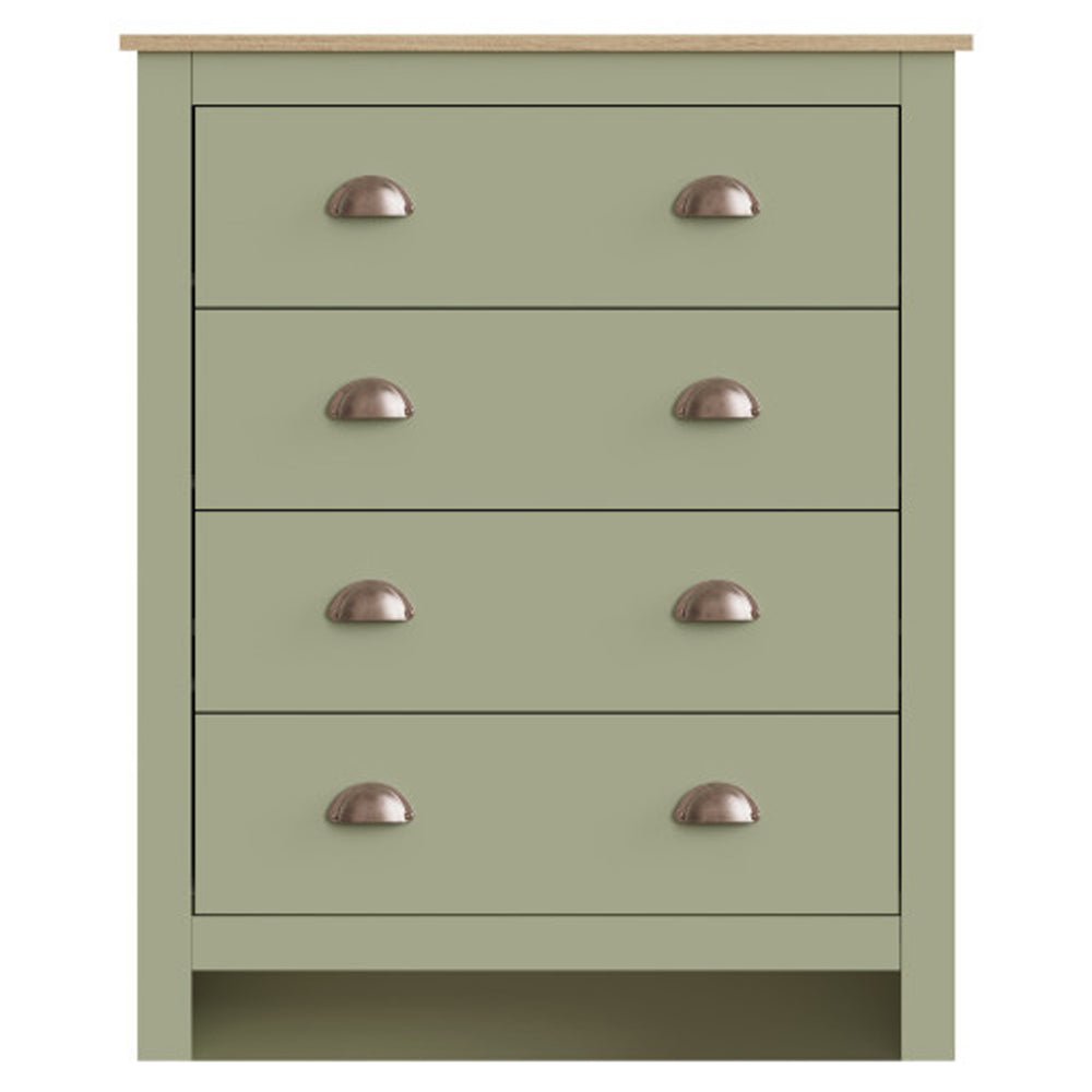 Sage green four-drawer chest with oak-effect top and copper cup handles.