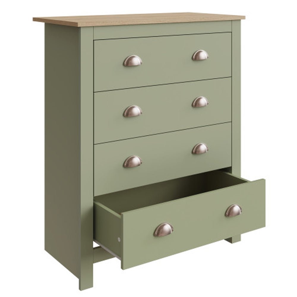 Sage green four-drawer chest with oak-effect top and metal cup handles, one drawer open