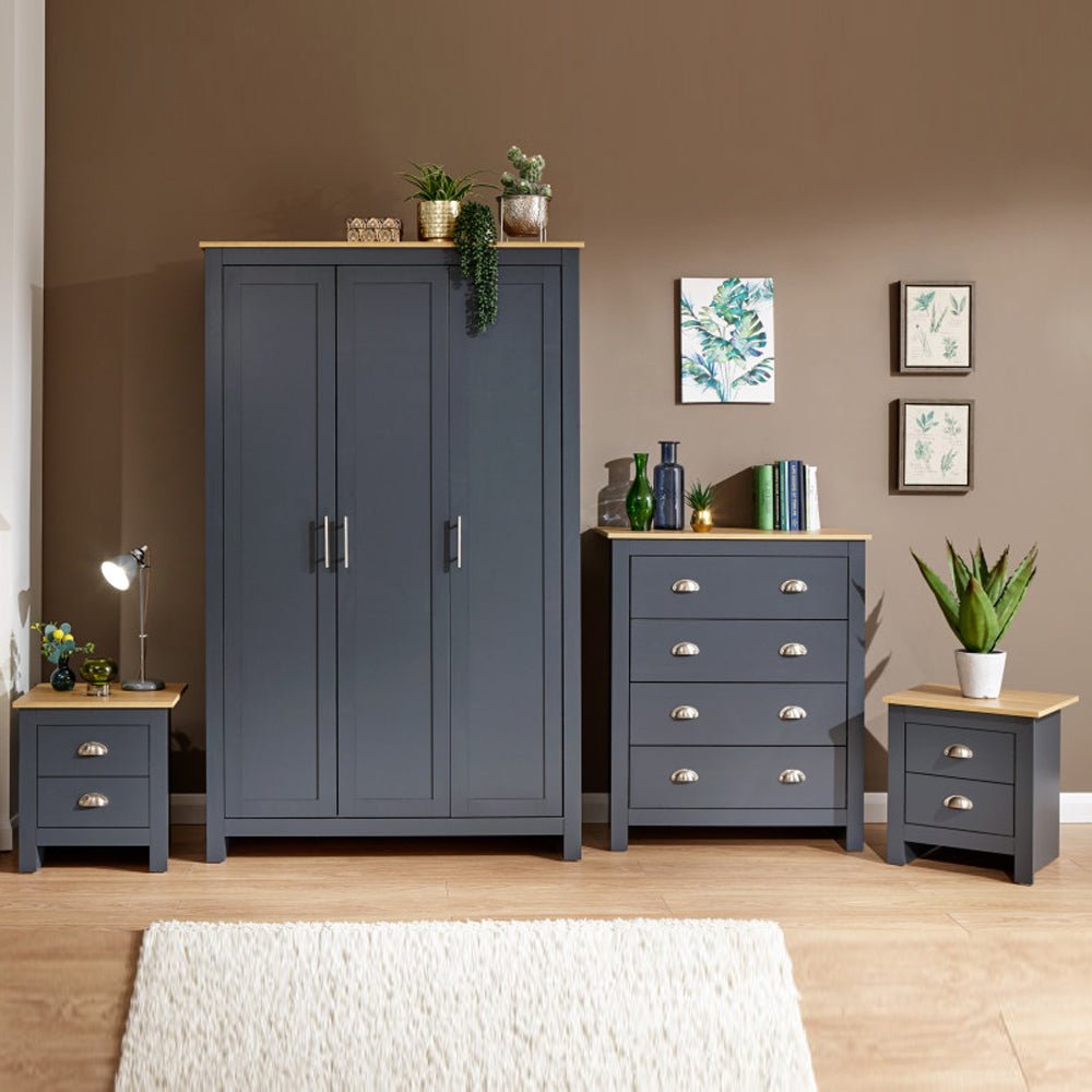 Loftus 3-door wardrobe in slate blue with matching chest of drawers and bedside cabinet.
