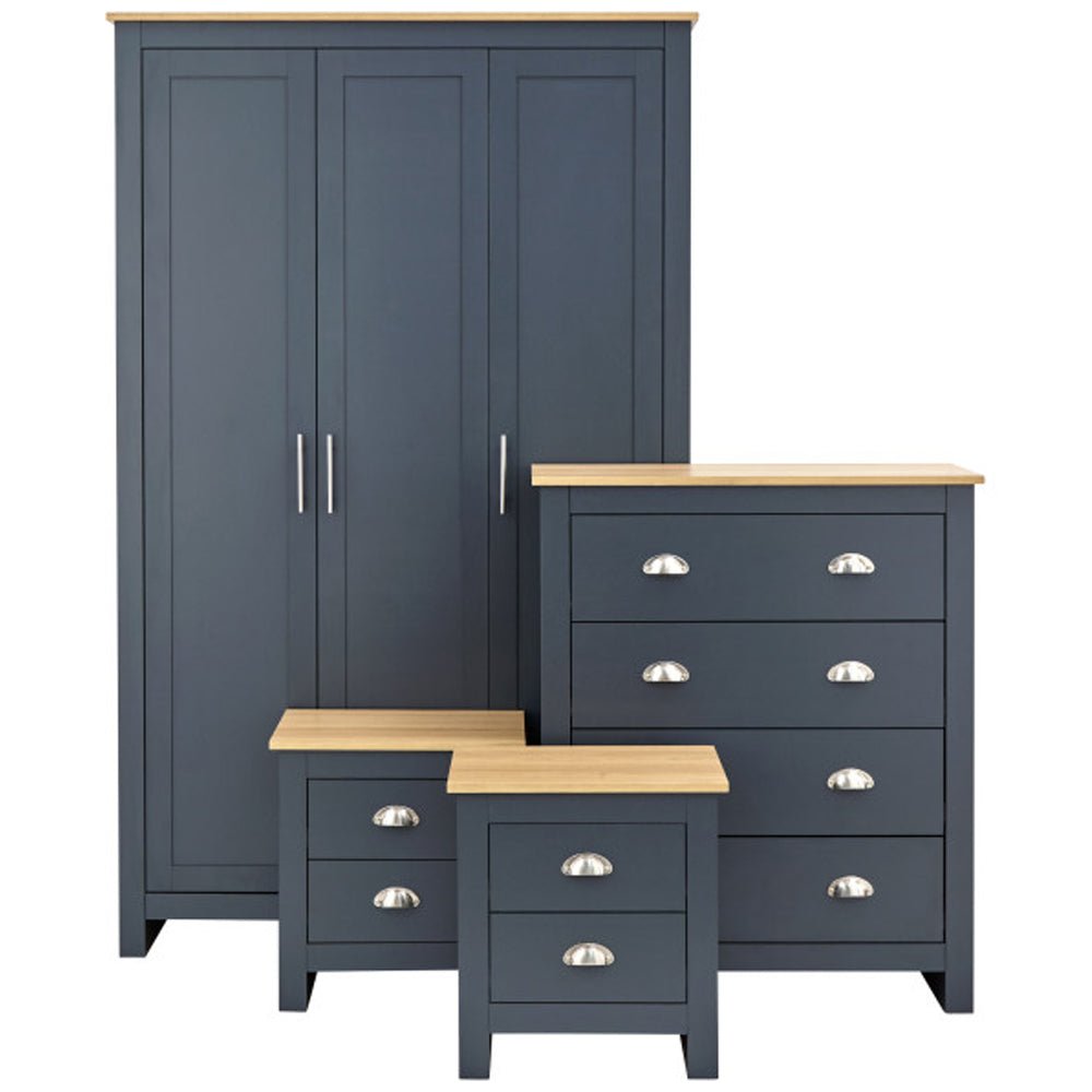 Slate blue 3-door wardrobe with oak effect top, matching 4-drawer chest and 2-drawer bedside cabinet.