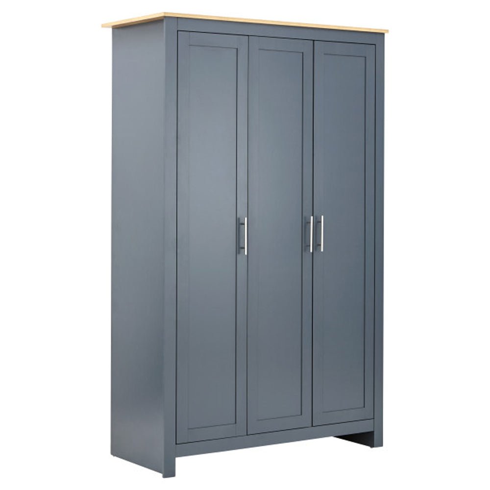 Slate blue 3-door wardrobe with silver handles and light oak-effect top