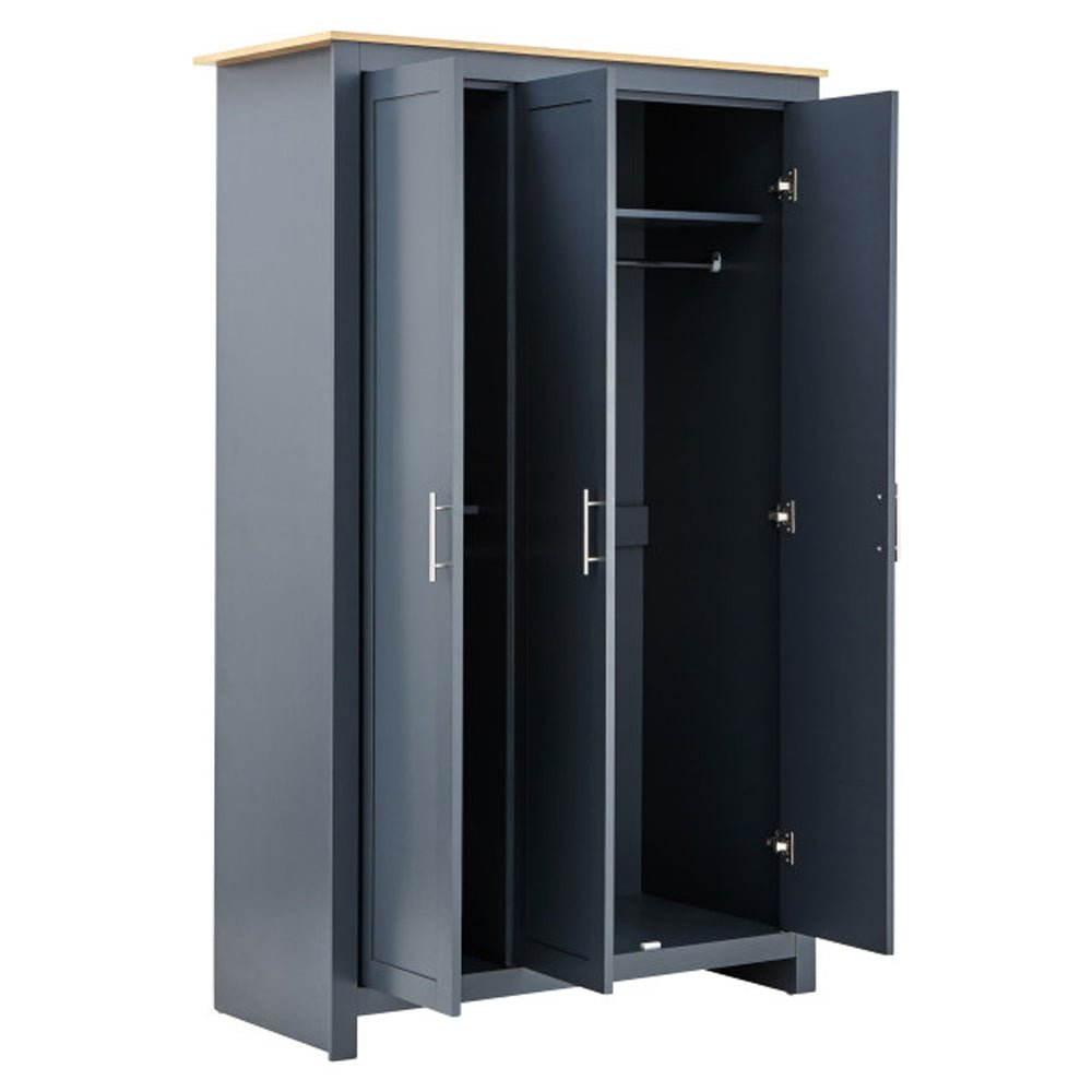 Loftus 3 door wardrobe in slate blue with oak top, showing hanging rail.