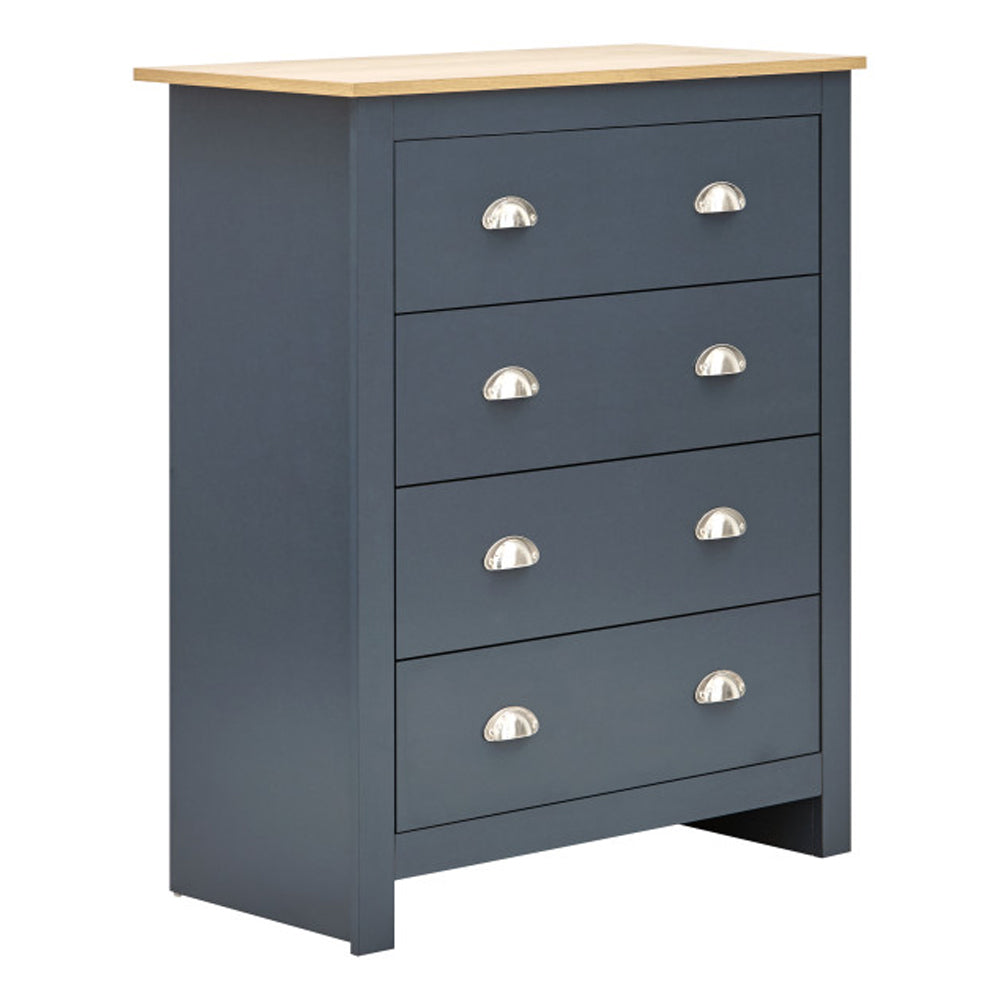 Slate blue four-drawer chest with oak-effect top and cup handles