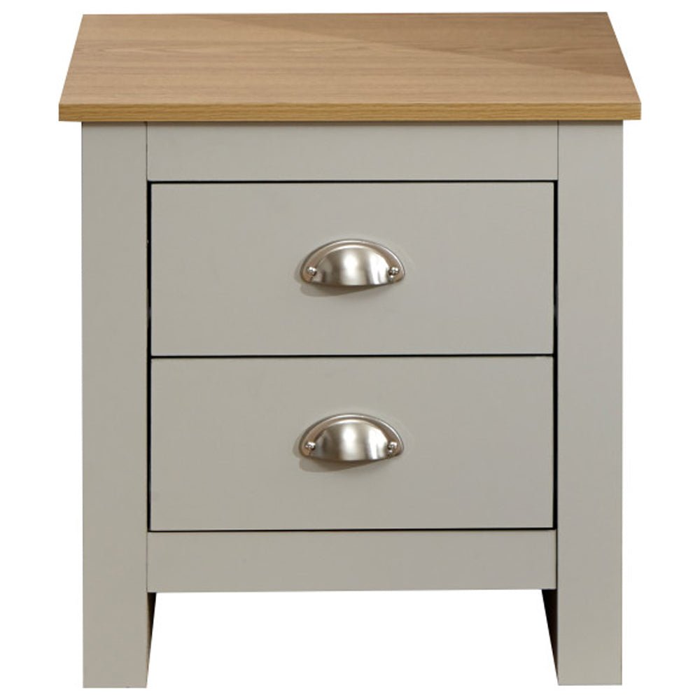 Grey wooden bedside cabinet with oak top and two drawers with silver cup handles.