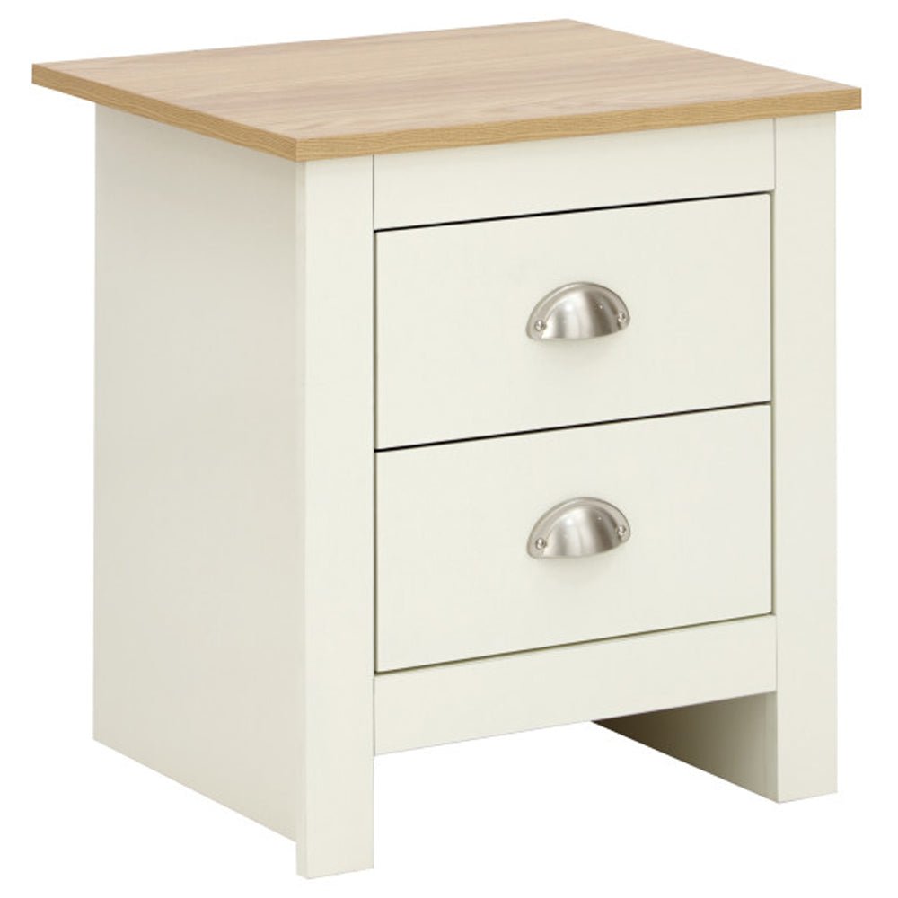 Cream and oak wooden bedside cabinet with 2 drawers and silver cup handles. Compact design.