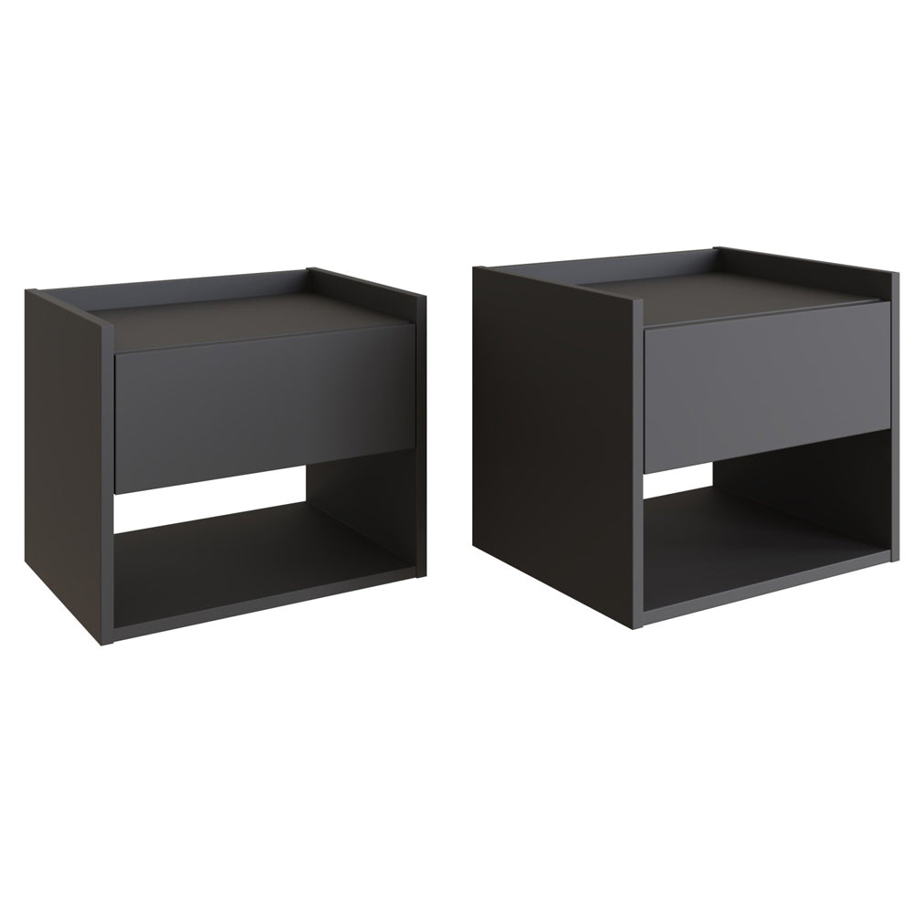 Hever Wall-Hung Anthracite Wooden Bedside Cabinets (Pair) with drawer and open shelf
