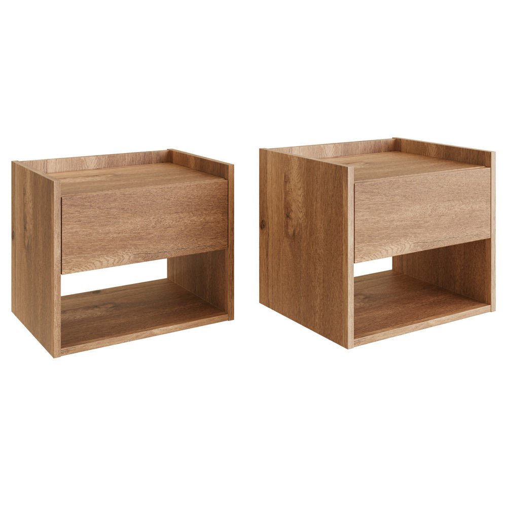 Two wall-hung oak effect bedside cabinets with a drawer and open shelf, shown side-by-side.