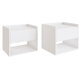 Pair of white wooden wall-hung bedside cabinets with drawer and open shelf