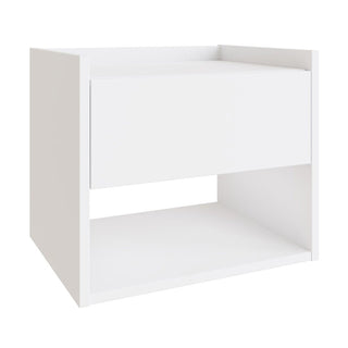 Wall-hung white wooden bedside cabinet with a drawer and open shelf