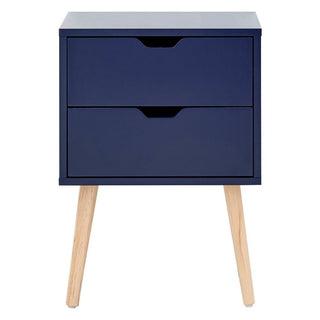 Norwich Nightshadow Blue bedside cabinets with two drawers and angled wood legs.