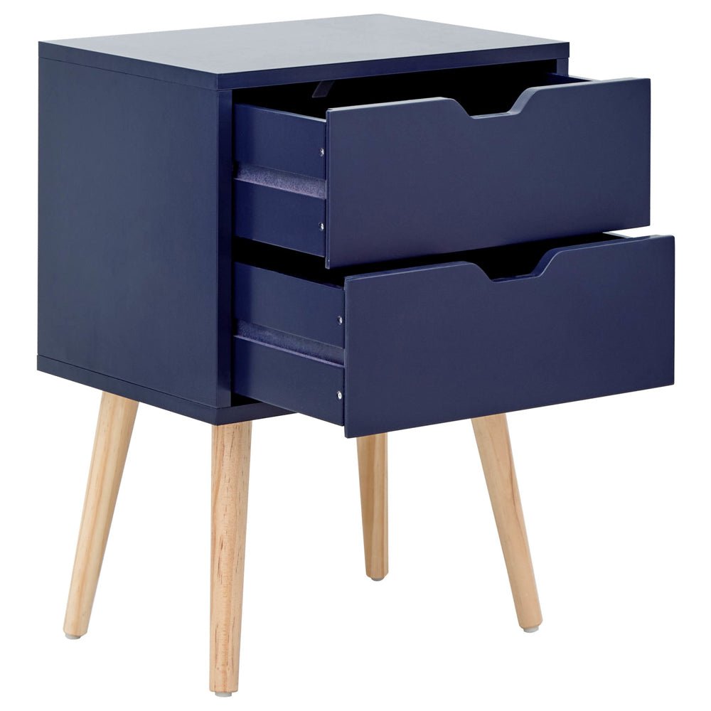 Blue bedside cabinet with two drawers and angled wooden legs