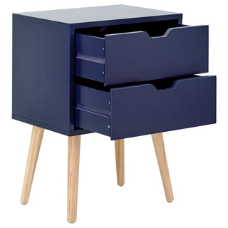 Blue bedside cabinet with two drawers and angled wooden legs