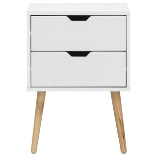 White wooden bedside cabinet with two drawers and angled legs.