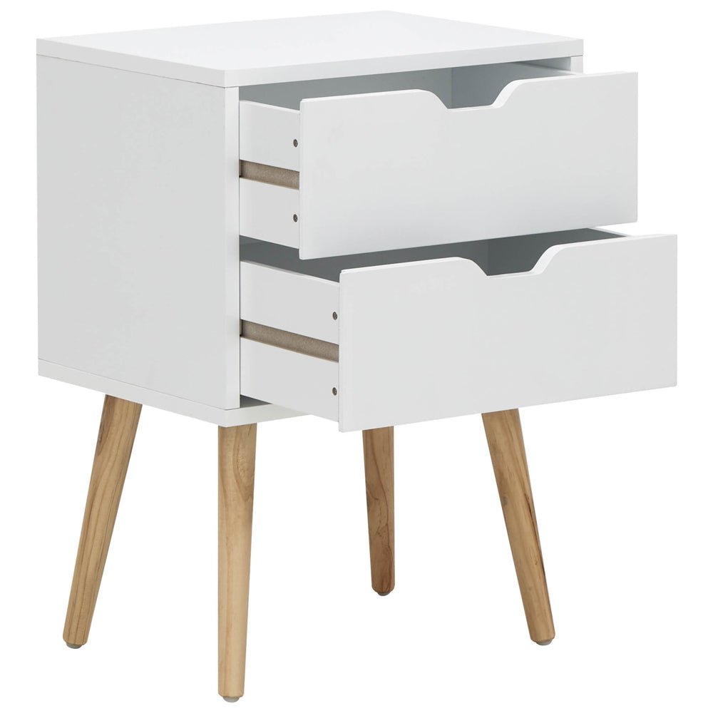White bedside table with two drawers and angled wooden legs, NORWICH design.