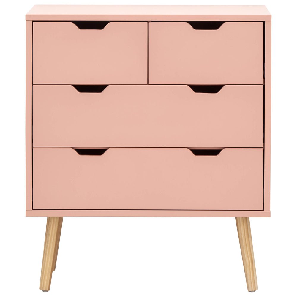 Coral pink wooden chest of 4 drawers with cut-out handles and angled wood legs. Scandinavian style.