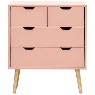 Coral pink wooden chest of 4 drawers with cut-out handles and angled wood legs. Scandinavian style.