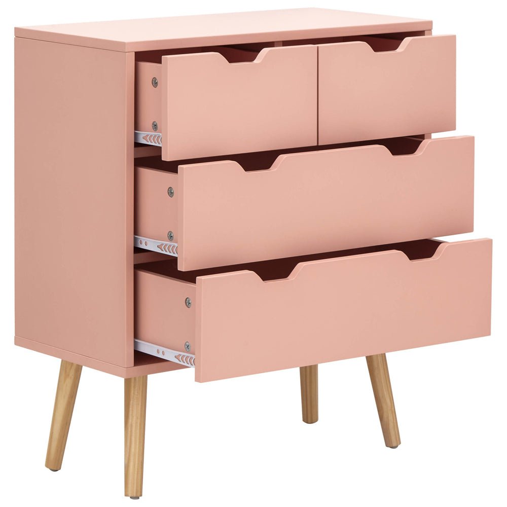 Coral pink wooden chest of 4 drawers with angled wooden legs and cut-out handles