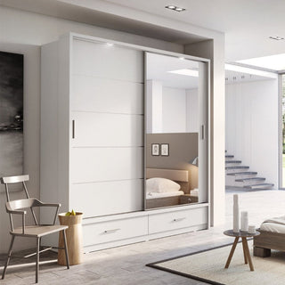 CHOICEWARDROBE Lyra 2 Door Sliding Wardrobe with Drawers | Matte White Finish | Modern Bedroom Storage