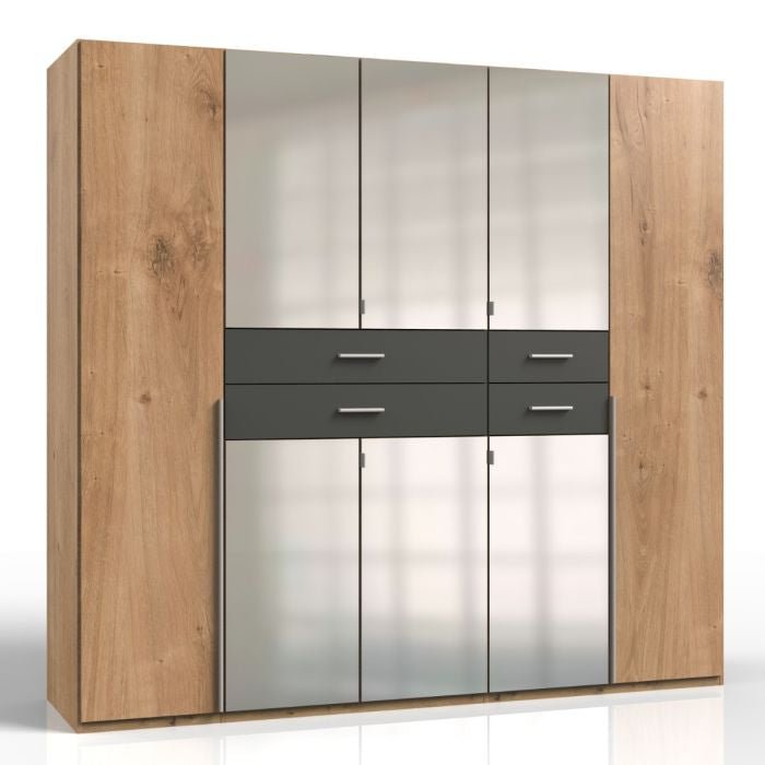 CHOICEWARDROBE Denmark 225cm 5-door wardrobe with oak and graphite finish, 3 mirrored doors.