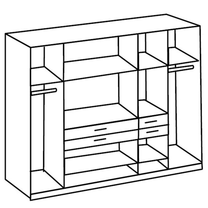 Line drawing of CHOICEWARDROBE Denmark wardrobe in oak and graphite, showing shelves, hanging rails, and drawers.