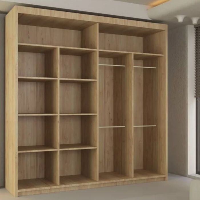 Oak sliding wardrobe with 2 doors, internal shelves and hanging rails.