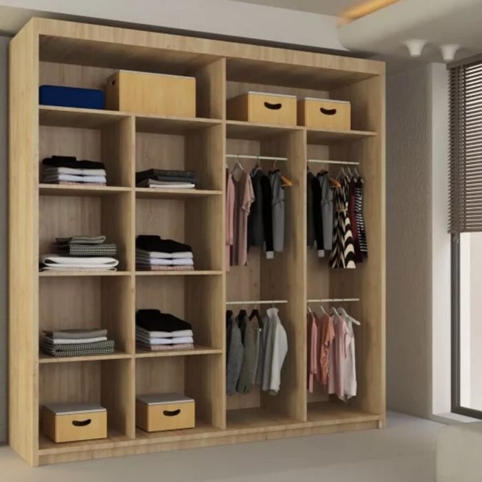 LISBANE 2 door mirrored wardrobe in Oak finish, showing shelves with folded clothes and hanging clothes.