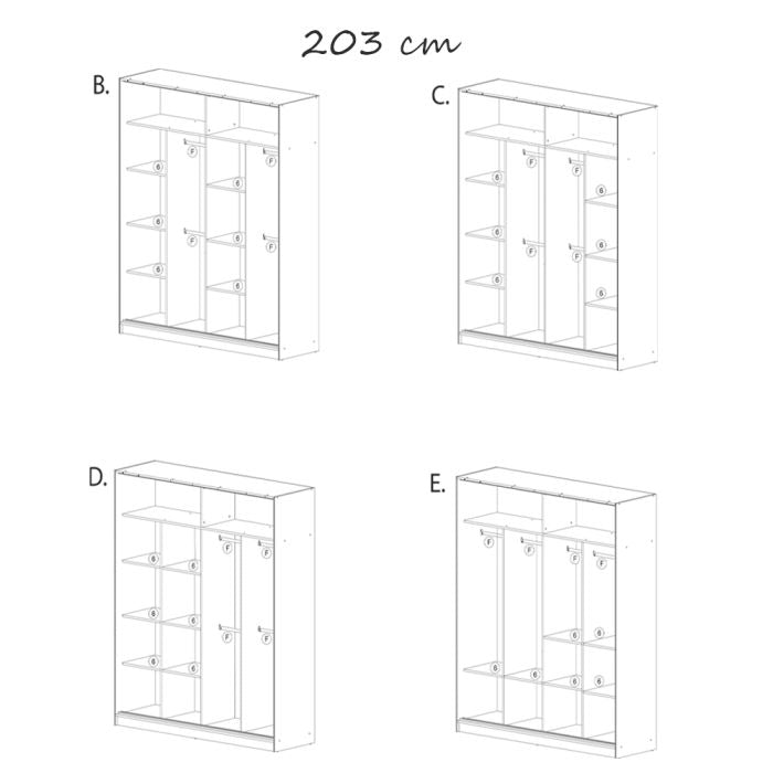 Line drawing of 203cm oak 2-door sliding wardrobe showing various internal layouts with shelves and rails.