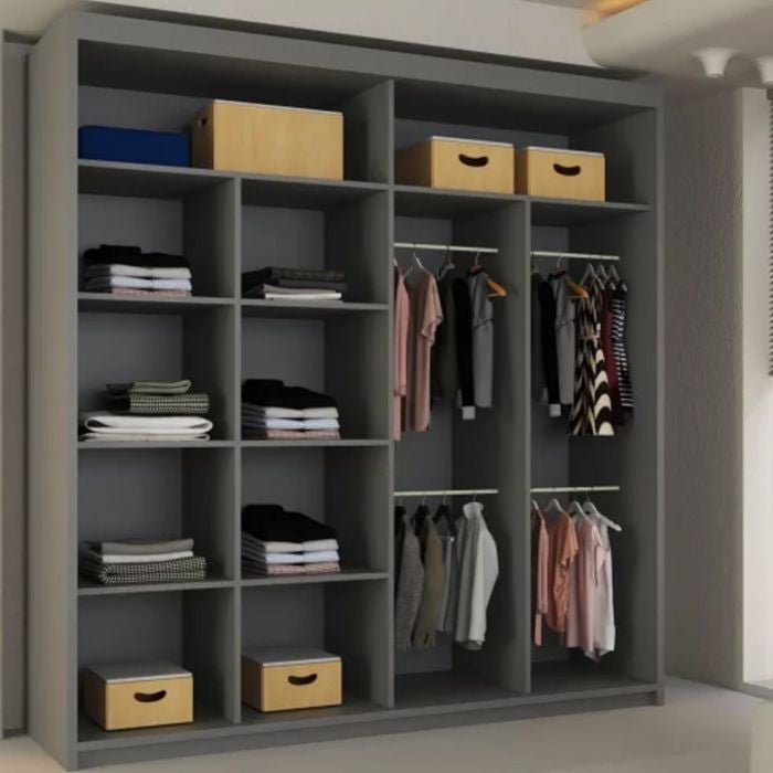 Grey 2-door sliding wardrobe with shelves and hanging rails