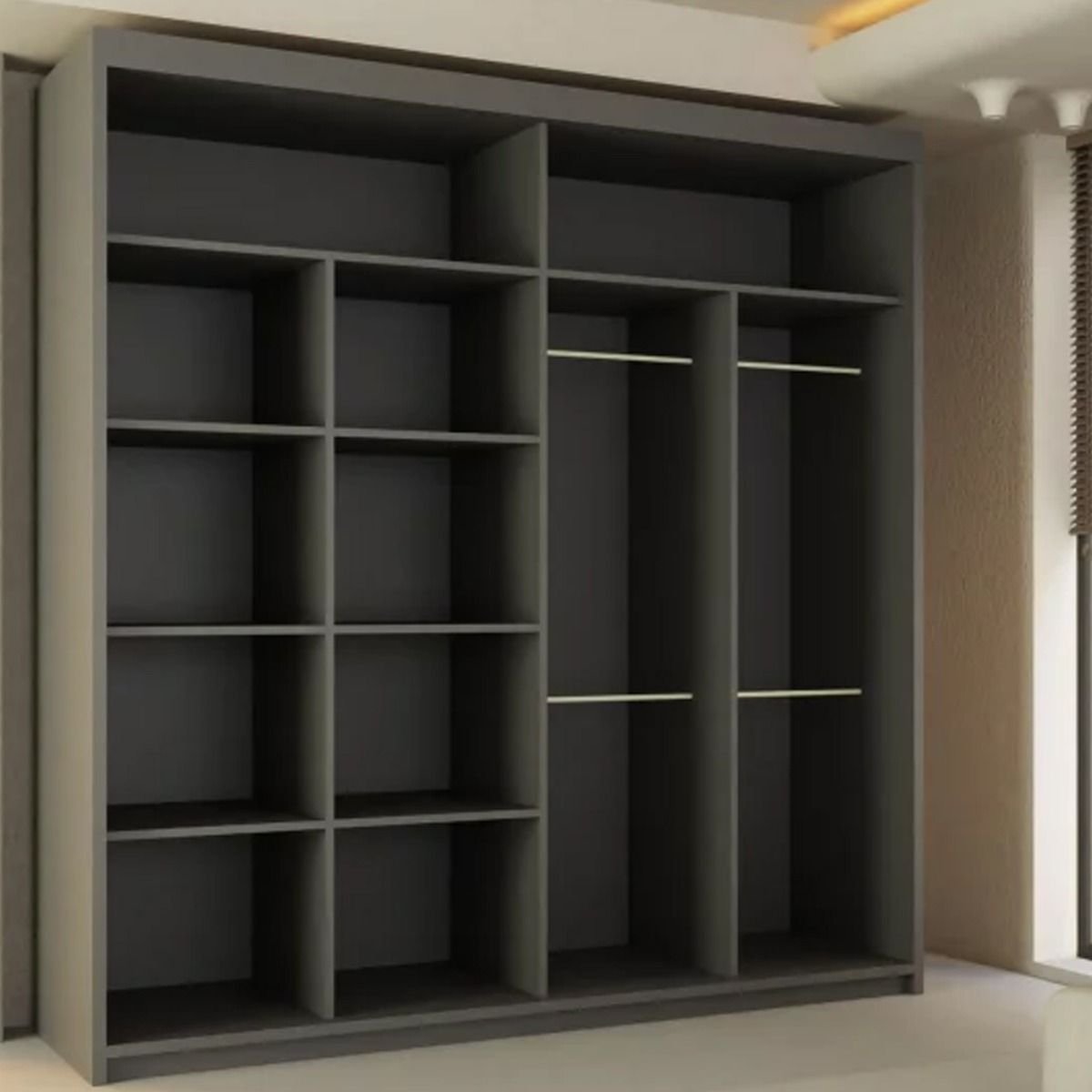 Grey 2 door sliding wardrobe with 8 shelves on left and 4 hanging rails on right