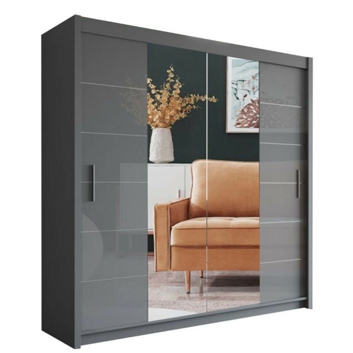 Grey 203cm LISBANE 2-door mirrored sliding wardrobe reflecting an armchair and vase.