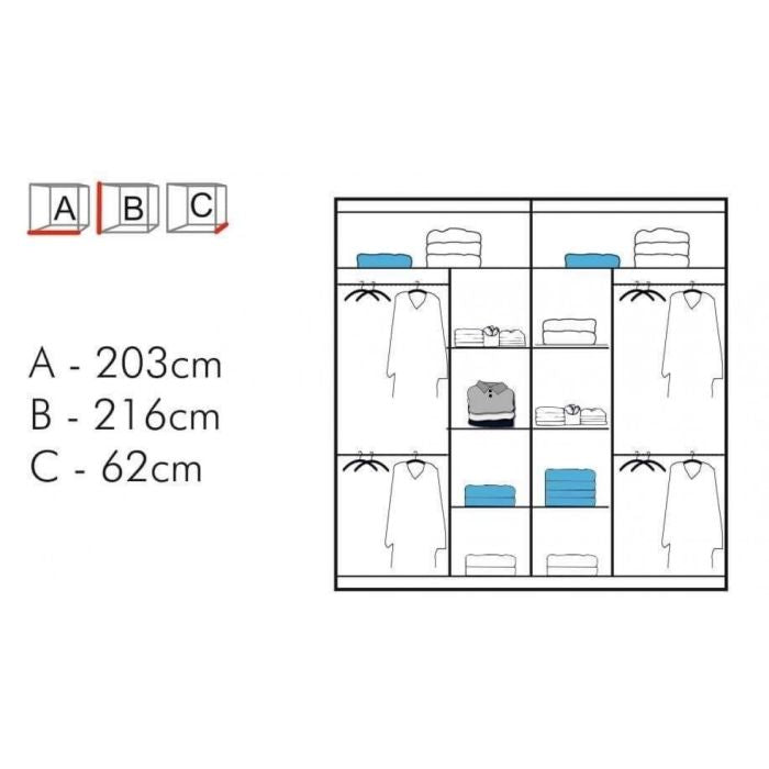 Diagram of LISBANE 2-door grey sliding wardrobe, 203cm width, showing internal shelves and hanging rails.