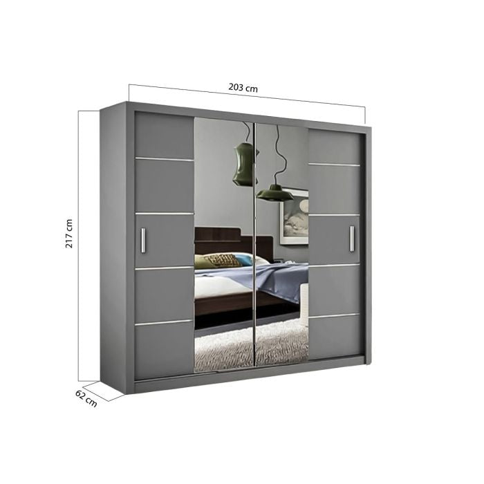 Grey 2-door sliding wardrobe with full-length mirrored doors, 203cm wide.