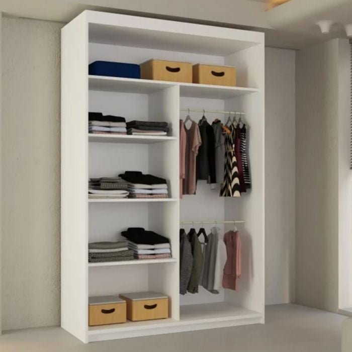 CHOICEWARDROBE white 120cm sliding door wardrobe with 4 shelves on the left and 2 hanging rails on the right.