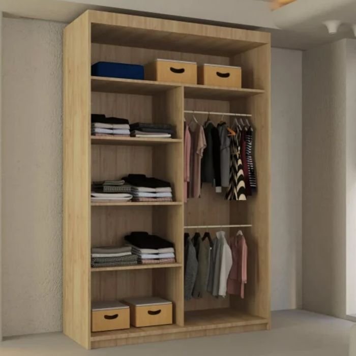 Oak finish wardrobe with shelves on the left and hanging space on the right, featuring sliding doors, one mirrored.
